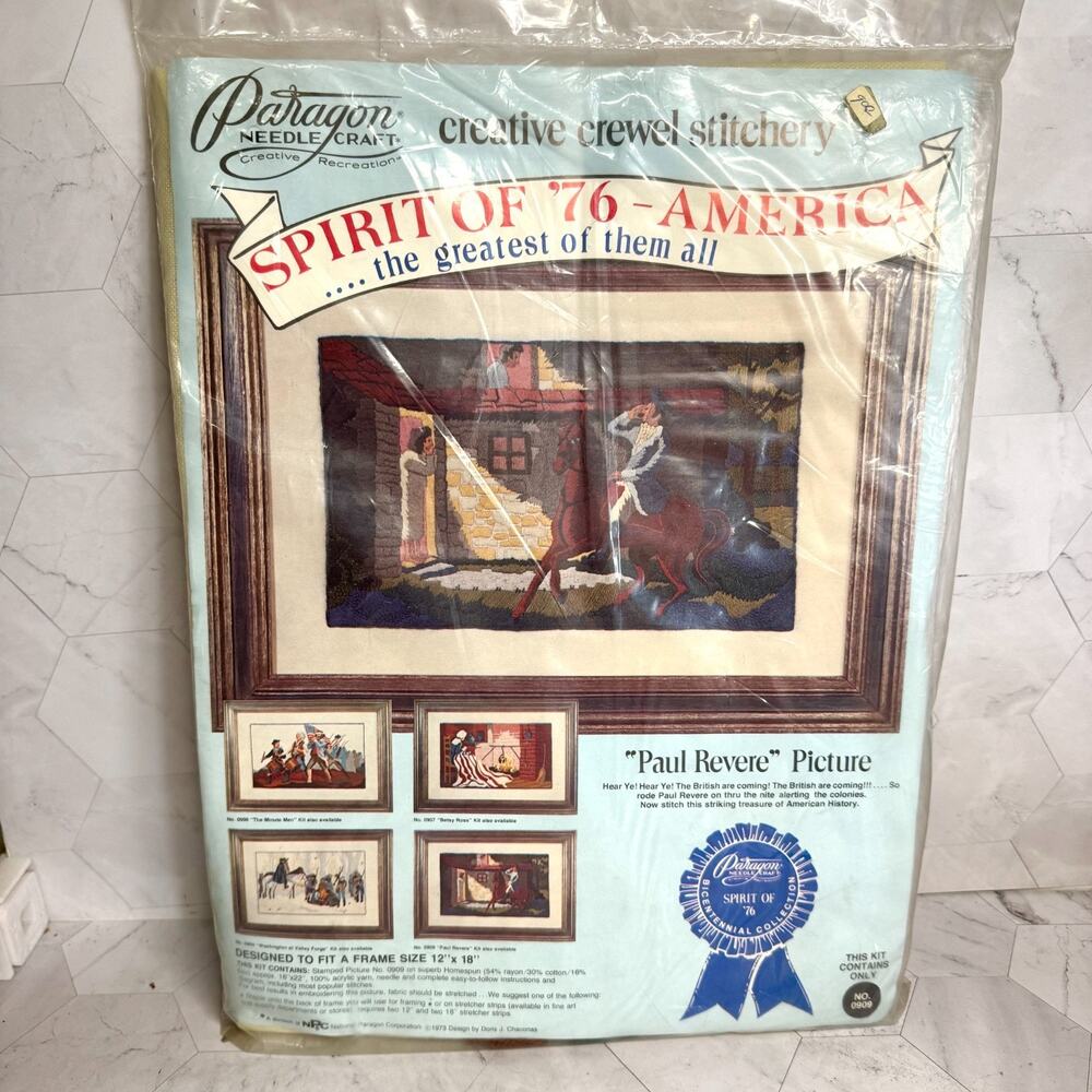 NOS Vtg Spirit of 76 America 1973 Paragon Paul Revere Crewel Embroidery Kit 0909